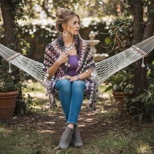 Vintage Multi Colored Purples Greys Creams Pinks Crocheted Shawl Wrap